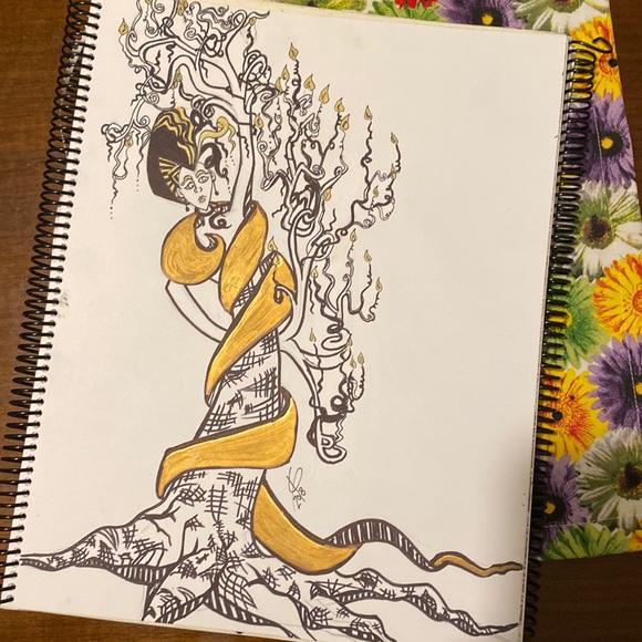 Unframed Original Art Tree Lady Drawing Illustration w Gold Metallic Highlights - Picture 5 of 6
